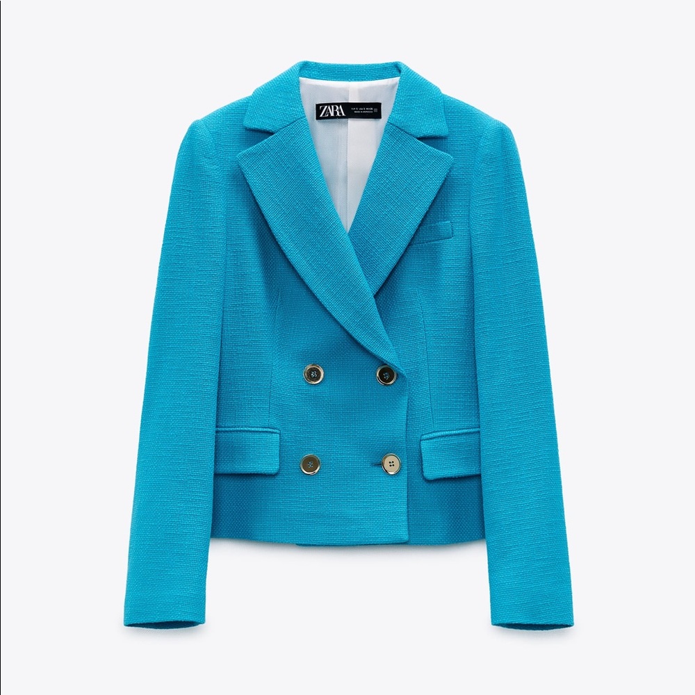 Zara 2021 textured cropped blazer in turquoise